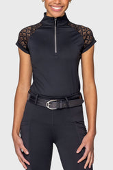 Black Scallop Lace Crystal Zip Cap Sleeve 1/4 Zip Shirt