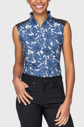 Pacific Blue Wild Rose Lace Shoulder Tank 1/4 Zip Shirt