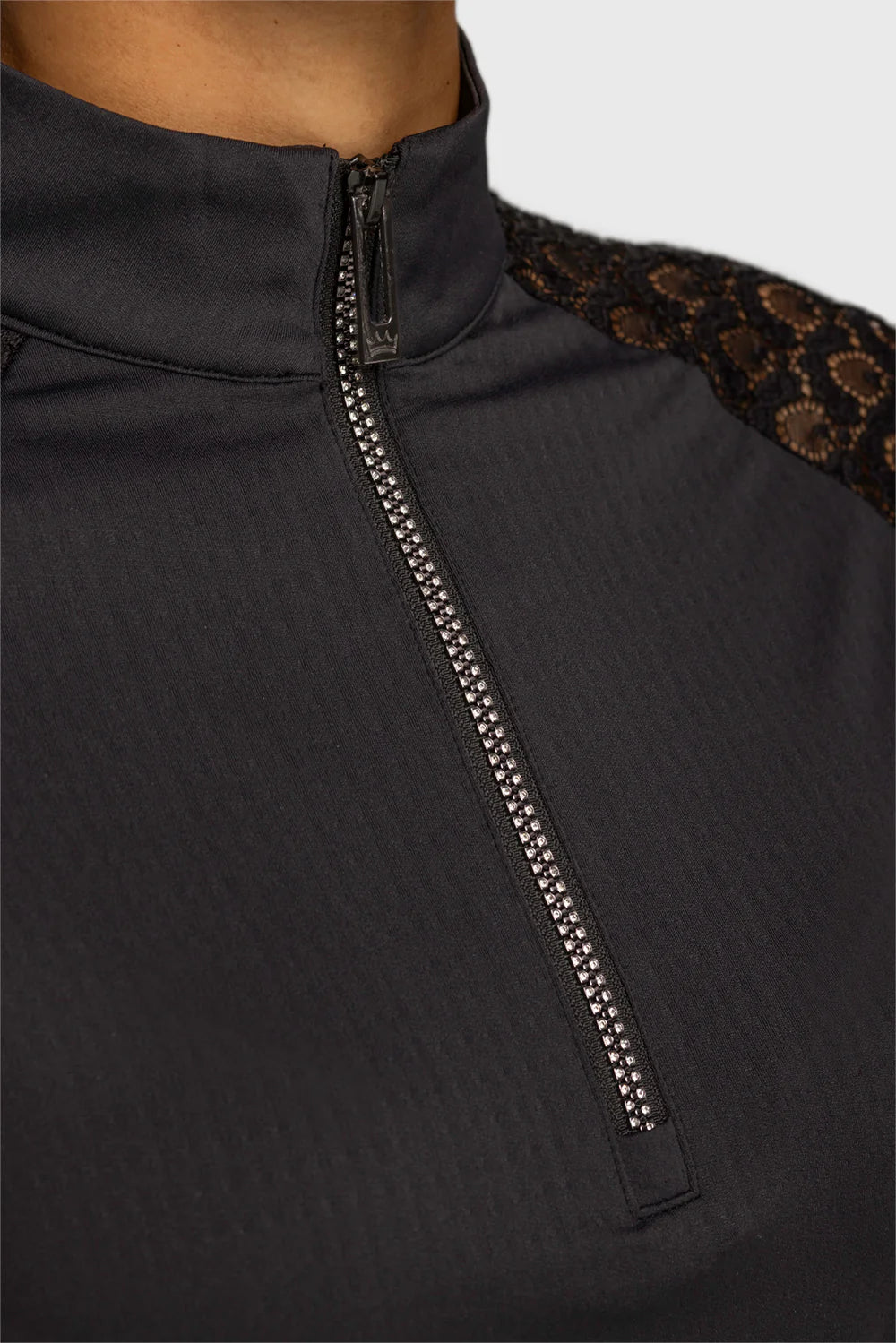 Black Scallop Lace Crystal Zip Cap Sleeve 1/4 Zip Shirt