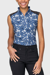 Pacific Blue Wild Rose Lace Shoulder Tank 1/4 Zip Shirt